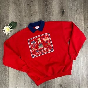 Vintage 90s Red Collared Patriotic Graphic USA Sweatshirt
